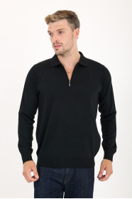 Black Polo Neck Quarter-Zip Wool Knit Sweater