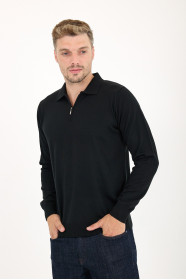 Black Polo Neck Quarter-Zip Wool Knit Sweater