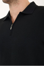 Black Polo Neck Quarter-Zip Wool Knit Sweater