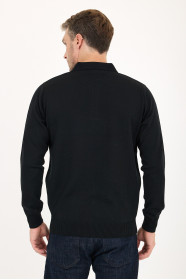 Black Polo Neck Quarter-Zip Wool Knit Sweater