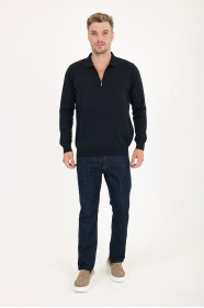 Navy Polo Neck Quarter-Zip Wool Knit Sweater