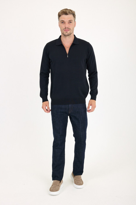 Navy Polo Neck Quarter-Zip Wool Knit Sweater