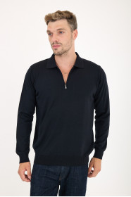 Navy Polo Neck Quarter-Zip Wool Knit Sweater