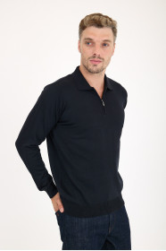 Navy Polo Neck Quarter-Zip Wool Knit Sweater