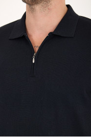 Navy Polo Neck Quarter-Zip Wool Knit Sweater