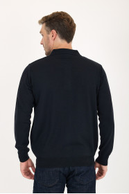 Navy Polo Neck Quarter-Zip Wool Knit Sweater
