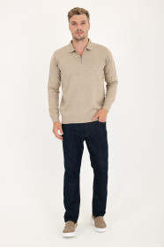 Light Brown Polo Neck Quarter-Zip Wool Knit Sweater