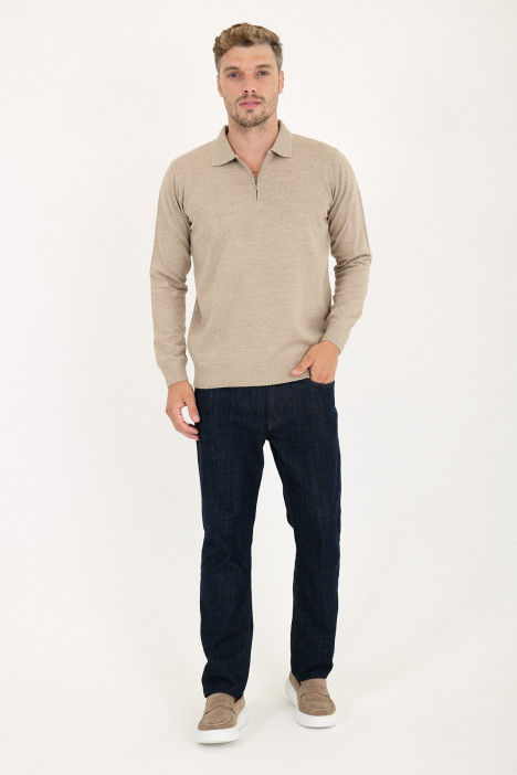 Light Brown Polo Neck Quarter-Zip Wool Knit Sweater