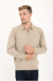 Light Brown Polo Neck Quarter-Zip Wool Knit Sweater