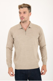 Light Brown Polo Neck Quarter-Zip Wool Knit Sweater