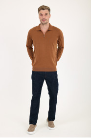 Tan Polo Neck Quarter-Zip Wool Knit Sweater