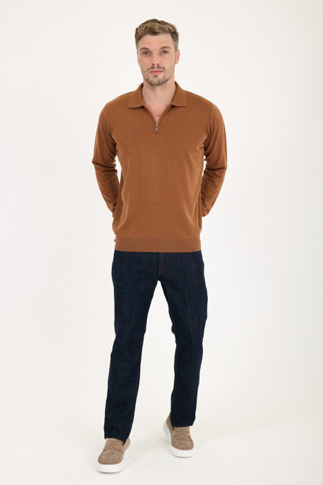 Tan Polo Neck Quarter-Zip Wool Knit Sweater