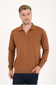 Tan Polo Neck Quarter-Zip Wool Knit Sweater
