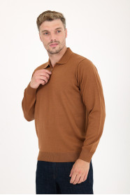 Tan Polo Neck Quarter-Zip Wool Knit Sweater