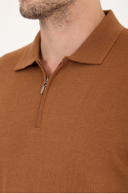 Tan Polo Neck Quarter-Zip Wool Knit Sweater