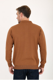 Tan Polo Neck Quarter-Zip Wool Knit Sweater