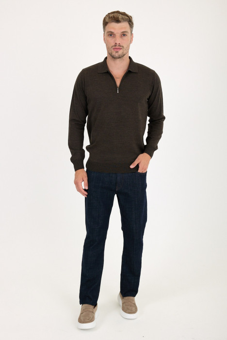 Brown Melange Polo Neck Quarter-Zip Wool Knit Sweater