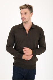 Brown Melange Polo Neck Quarter-Zip Wool Knit Sweater