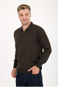 Brown Melange Polo Neck Quarter-Zip Wool Knit Sweater