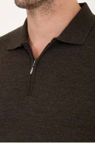 Brown Melange Polo Neck Quarter-Zip Wool Knit Sweater