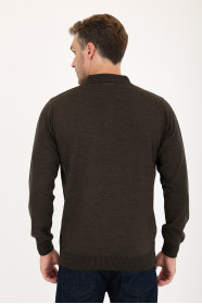 Brown Melange Polo Neck Quarter-Zip Wool Knit Sweater