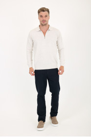 Light Beige Polo Neck Quarter-Zip Wool Knit Sweater