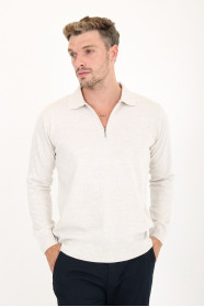 Light Beige Polo Neck Quarter-Zip Wool Knit Sweater