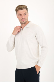 Light Beige Polo Neck Quarter-Zip Wool Knit Sweater