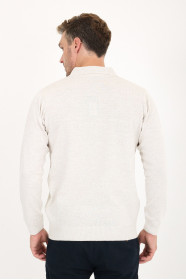 Light Beige Polo Neck Quarter-Zip Wool Knit Sweater