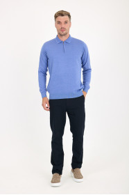 Cornflower Blue Polo Neck Quarter-Zip Wool Knit Sweater