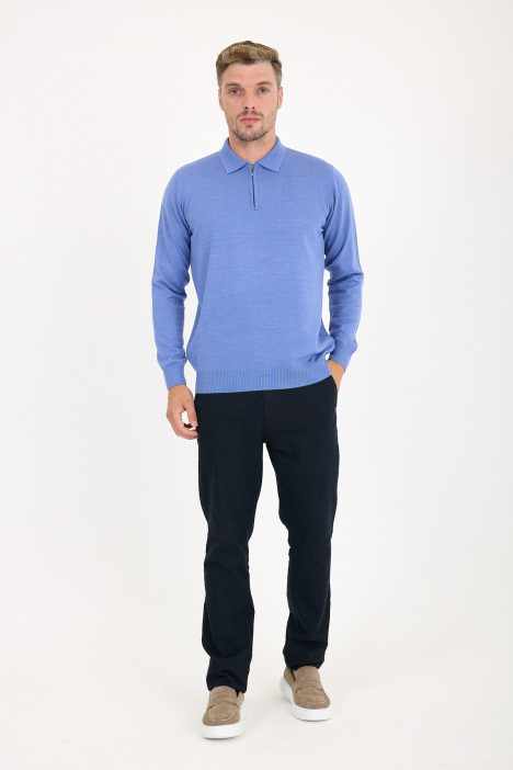 Cornflower Blue Polo Neck Quarter-Zip Wool Knit Sweater