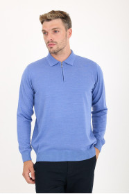 Cornflower Blue Polo Neck Quarter-Zip Wool Knit Sweater