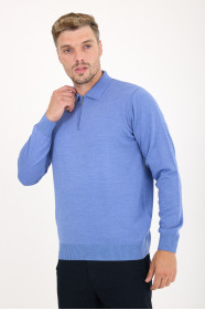 Cornflower Blue Polo Neck Quarter-Zip Wool Knit Sweater