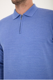 Cornflower Blue Polo Neck Quarter-Zip Wool Knit Sweater