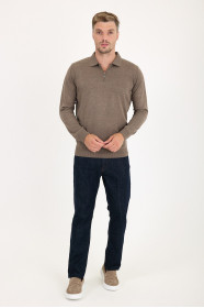 Dark Beige Polo Neck Quarter-Zip Wool Knit Sweater