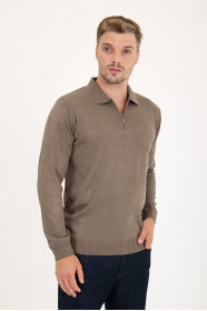 Dark Beige Polo Neck Quarter-Zip Wool Knit Sweater