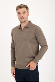 Dark Beige Polo Neck Quarter-Zip Wool Knit Sweater