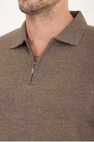 Dark Beige Polo Neck Quarter-Zip Wool Knit Sweater