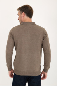 Dark Beige Polo Neck Quarter-Zip Wool Knit Sweater