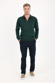 Dark Green Polo Neck Quarter-Zip Wool Knit Sweater