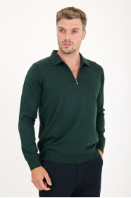 Dark Green Polo Neck Quarter-Zip Wool Knit Sweater