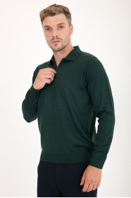 Dark Green Polo Neck Quarter-Zip Wool Knit Sweater