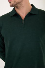 Dark Green Polo Neck Quarter-Zip Wool Knit Sweater