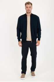 Navy Stand Collar Herringbone Zip Wool Knit Jacket