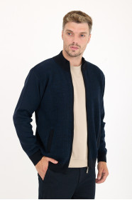 Navy Stand Collar Herringbone Zip Wool Knit Jacket