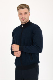 Navy Stand Collar Herringbone Zip Wool Knit Jacket