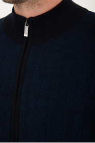 Navy Stand Collar Herringbone Zip Wool Knit Jacket