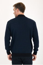 Navy Stand Collar Herringbone Zip Wool Knit Jacket