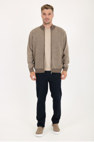 Light Brown Stand Collar Herringbone Zip Wool Knit Jacket