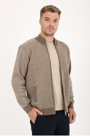 Light Brown Stand Collar Herringbone Zip Wool Knit Jacket